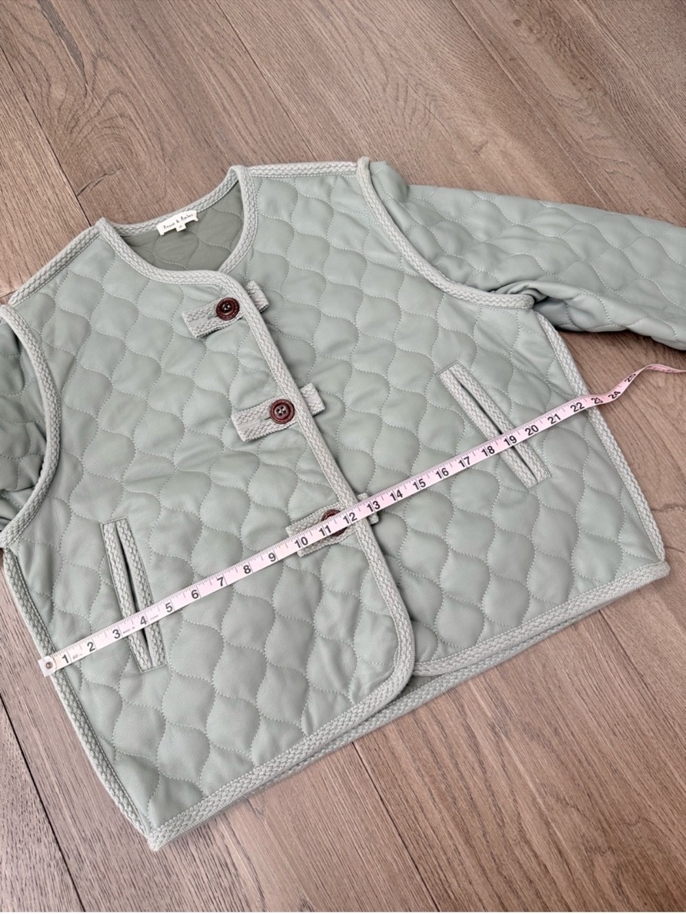 Aaron & Amber Quilted Faux Leather Oversized Collarless Jacket Green Small - Picture 13 of 13